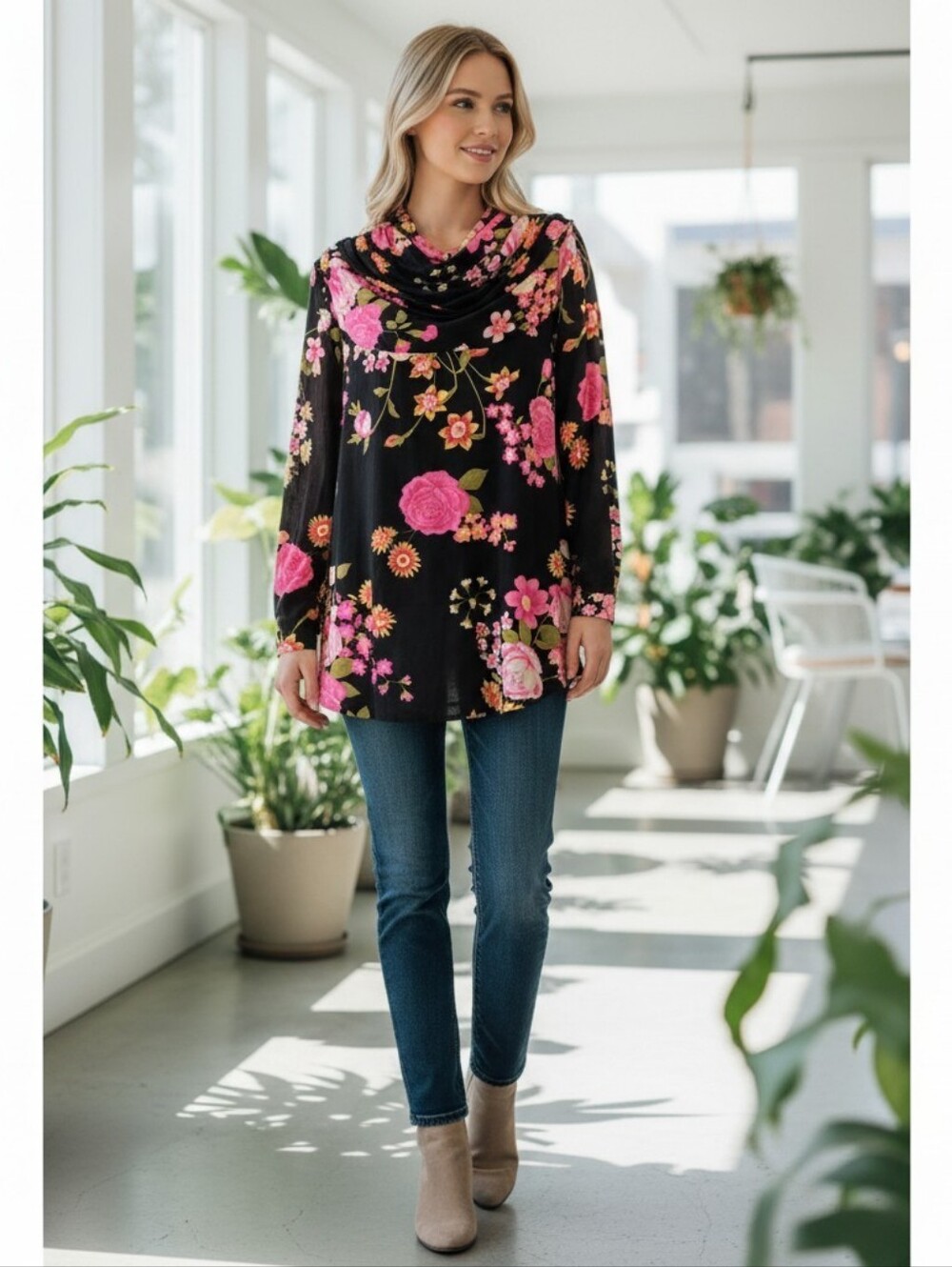 Butterfield 8 Floral Pink / Black Print Top Vintage - Large